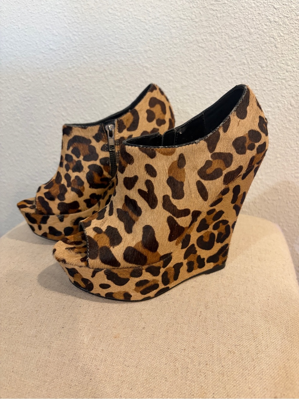 Steve Madden Leopard Print Peep-Toe Wedge Booties - Tan/Black